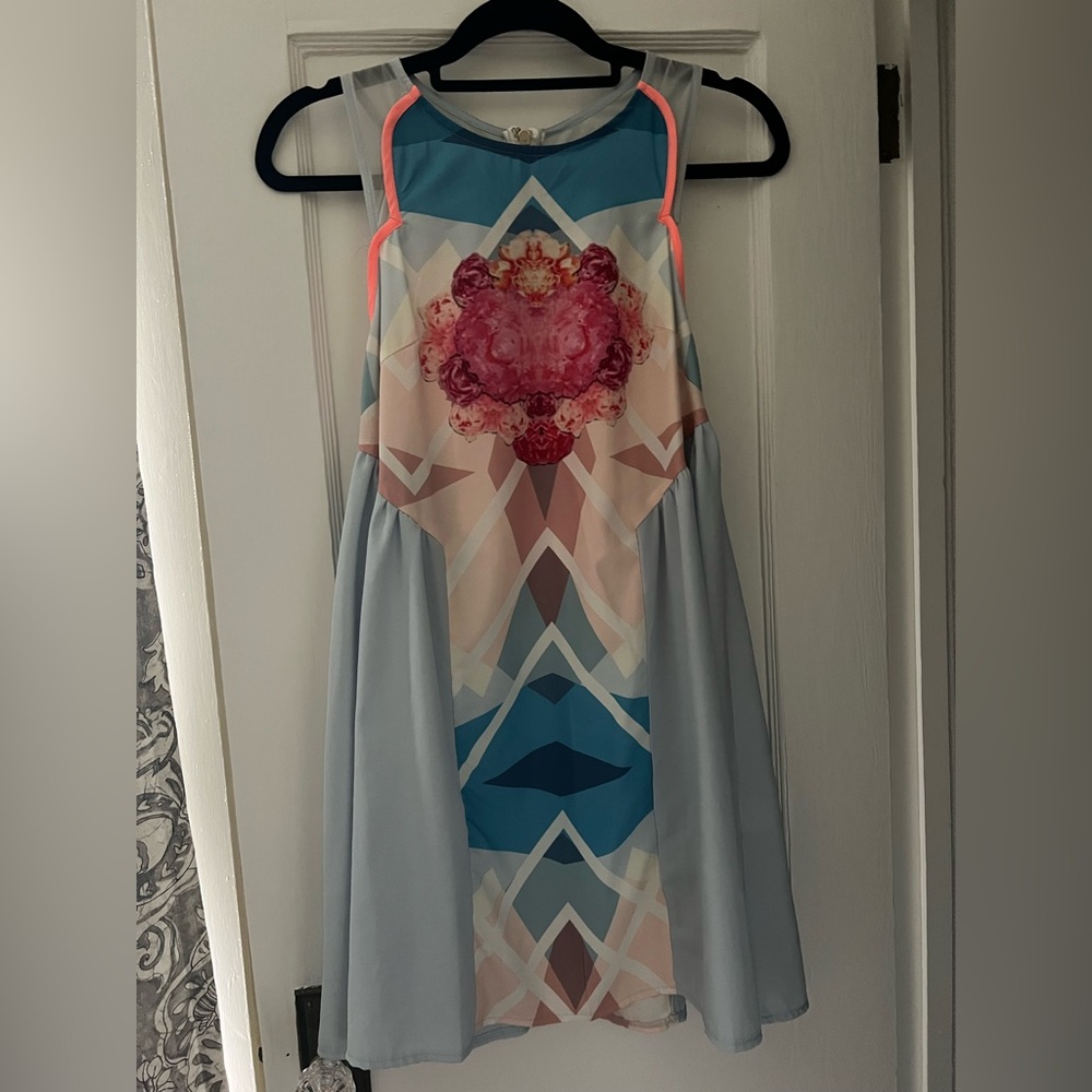 Nika Blossom Geometric Blue and Pink Sleeveless Dress